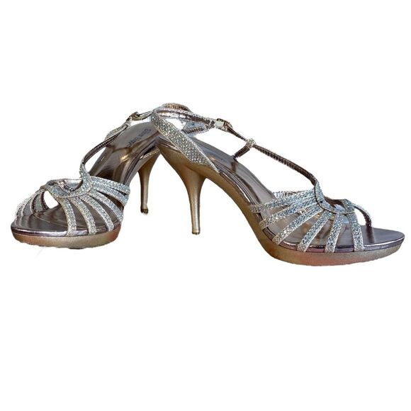 Silver Slipper Elegant Silver Strappy Heels Rhinestone Accents Womens Size 8.5 - Picture 2 of 13